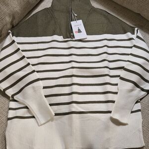 Zesica Striped Olive and White Turtleneck Sweater